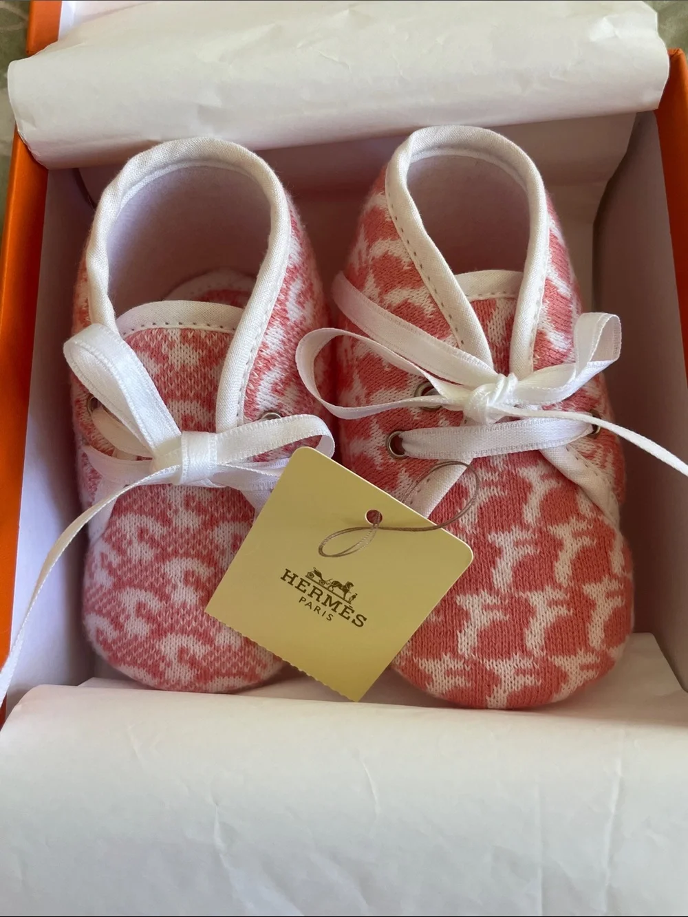 Hermès Orange White Houndstooth Baby First Shoes Walker Booties Unworn Japan